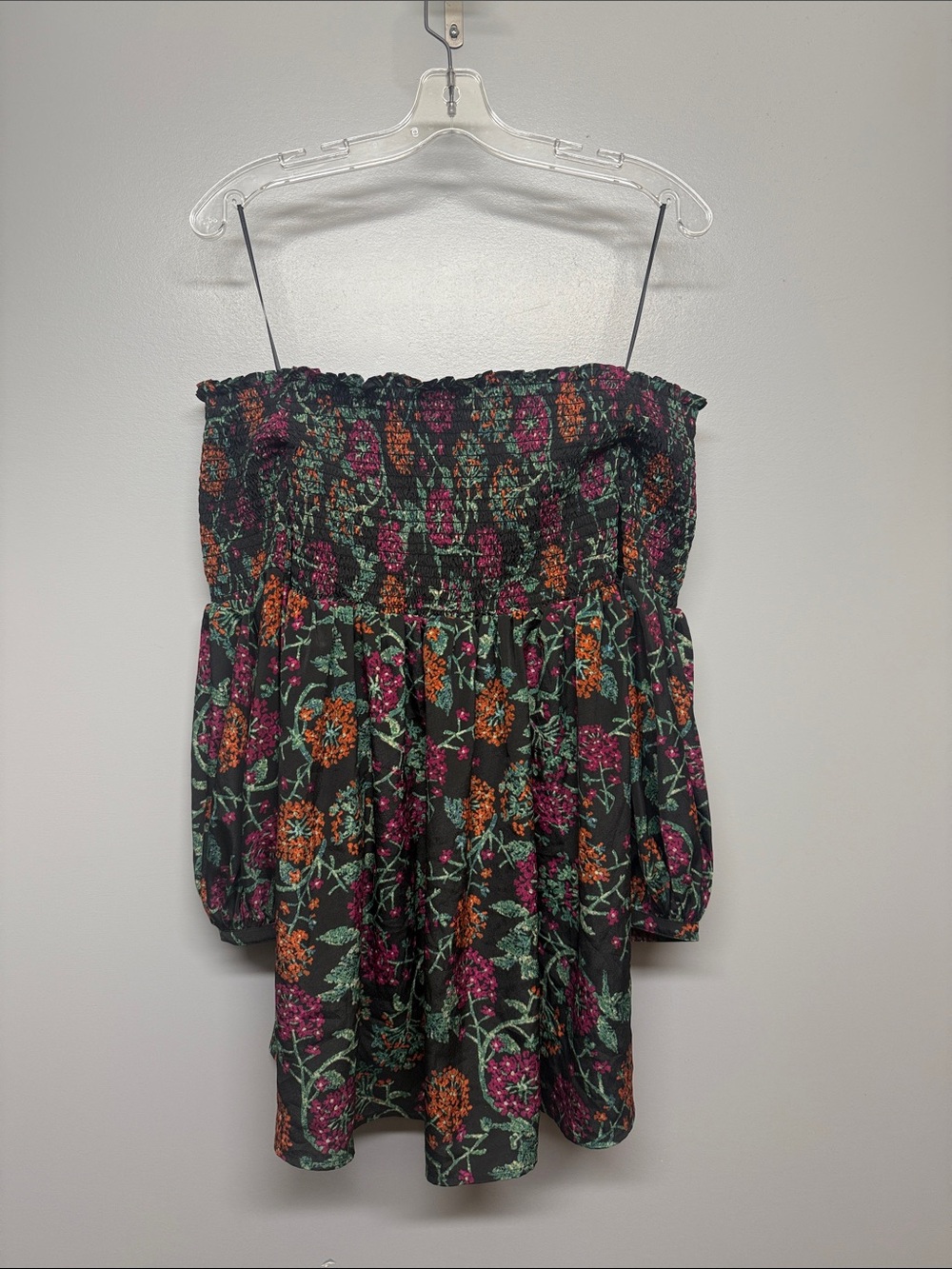 Likely Floral Off-Shoulder Smock Mini Dress in Black, Pink & Orange